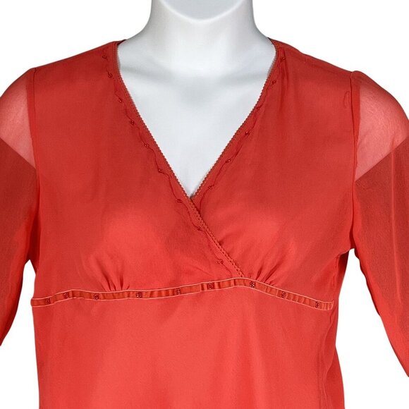 Y2K 90s Babydoll Top Womens L Red Chiffon Blouse 3/4 Bell Sleeve Sheer Ruffle - Picture 5 of 15